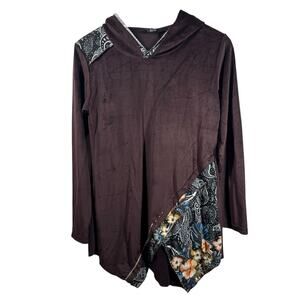 Yak and Yeti Tunic Women S Brown Velour Asymmetrical Hem Floral Long Sleeve Top